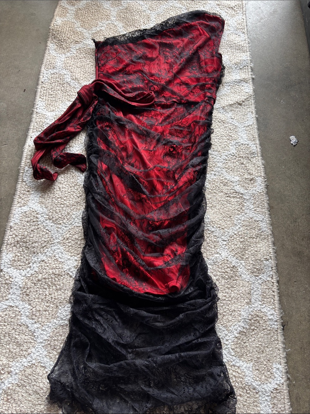 One-Shoulder Red Lace Chemise with Black Lace Overlay